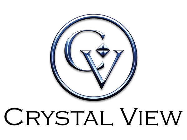Logo of "crystal view" featuring stylized initials "cv" with a diamond shape above the "v" against a dark green background.