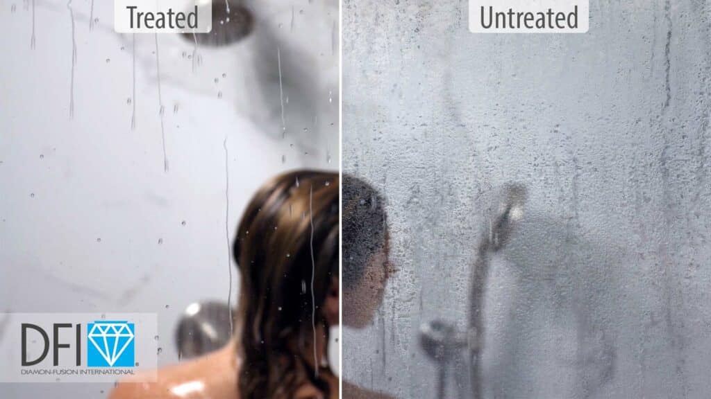 Comparison of treated versus untreated shower doors showing water repellency properties.