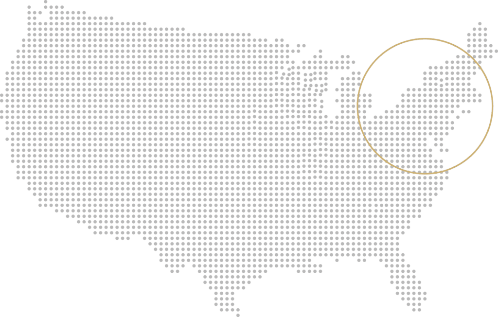A stylized map of the united states of america composed of white dots on a green background, with a yellow circle highlighting the northeastern region.