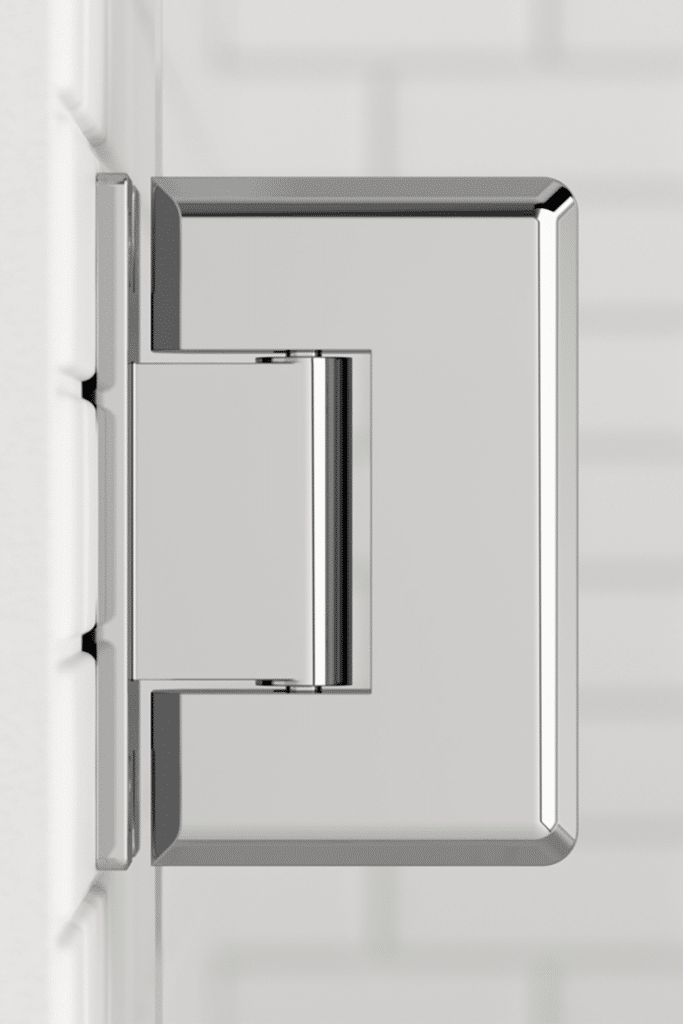 A modern, square-shaped chrome door handle on a white shower door.