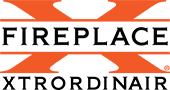 Logo of Fireplace Xtrordinair, featuring brand name in bold lettering with arrow graphics above and below the text, emphasizing its expertise in fireplaces.