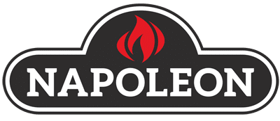 Logo of Napoleon fireplaces company featuring a stylized flame within the text.
