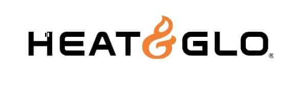 Logo of Heat & Glo fireplaces, featuring stylized flame within the "o".