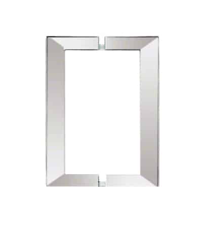 A plain, metal bookend against shower doors on a white background.