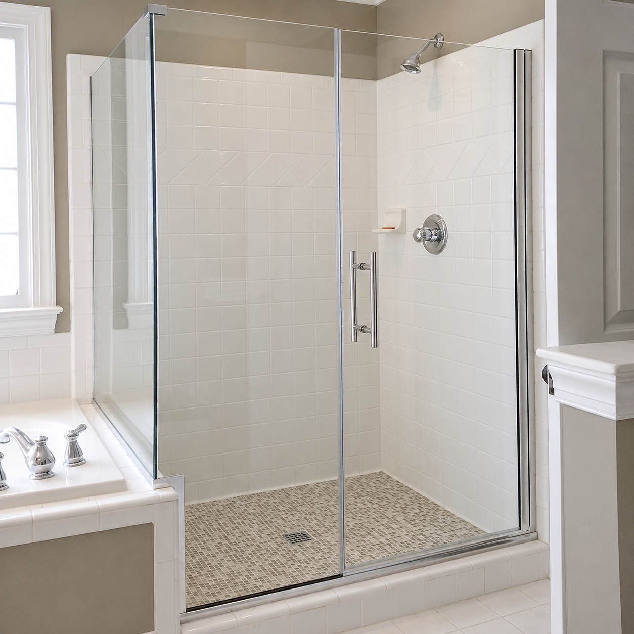 Frameless Shower Doors — Ocean County & Toms River NJ 7 Hybrid L-shaped shower enclosure | Crystal View Shower Doors